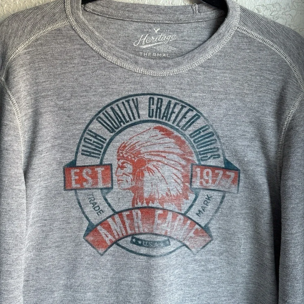 American Eagle Mens M Thermal Shirt Gray Graphic‎ Long Sleeve Waffle Knit